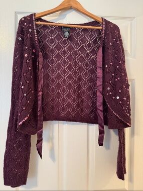 NY Collection Plum Sequin Lace Knit Bolero Cardigan